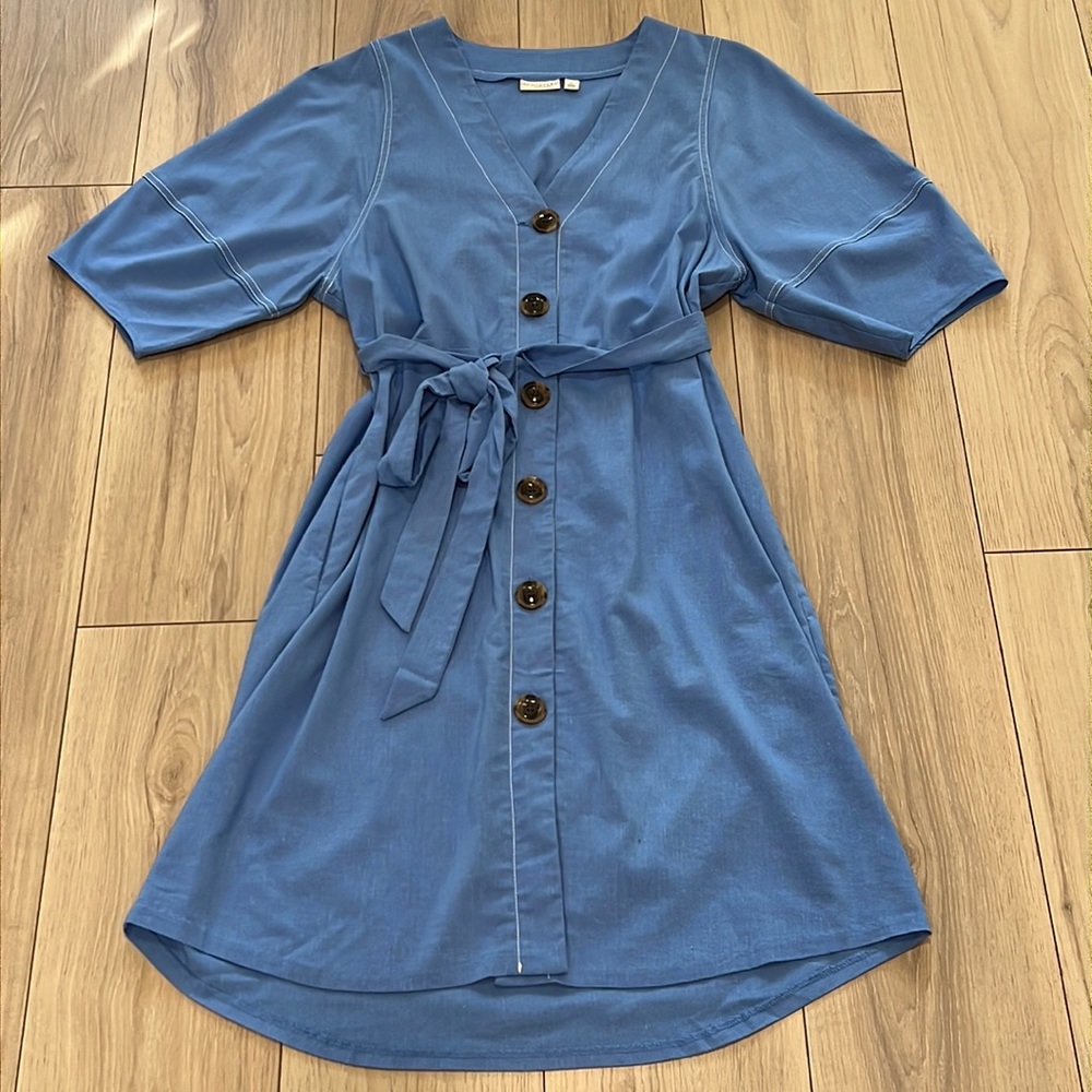 Eva Mendes for New York & Company Blue Button Front Tie Belt Midi Dress